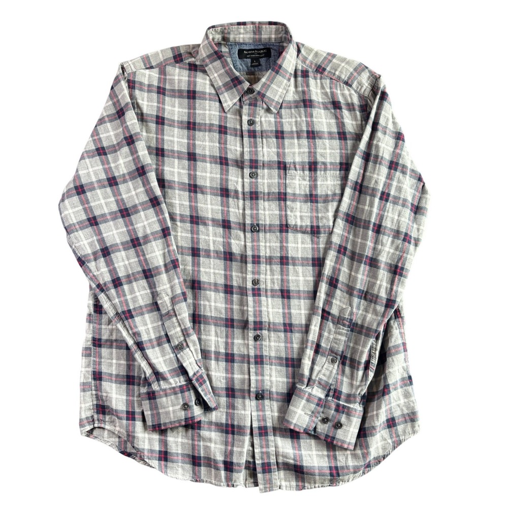 Banana Republic Mens Large Gray Blue Red Plaid Soft Wash Standard Fit Button Up